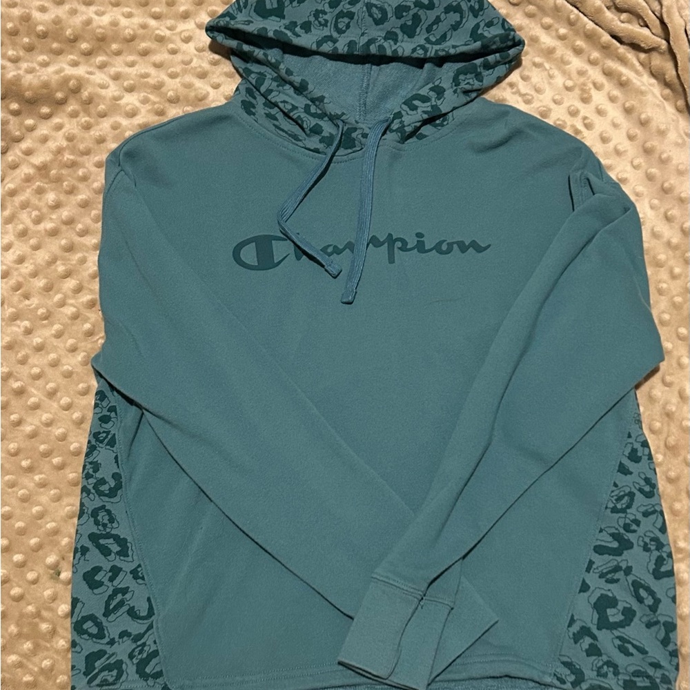 Champion Teal Hoodie with Leopard Accents